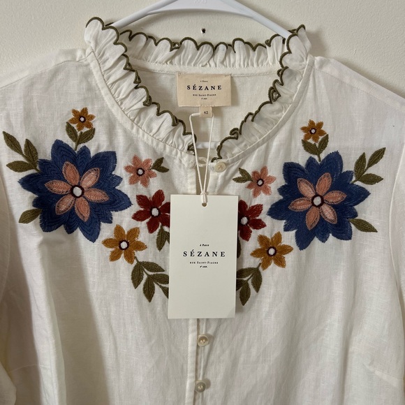 Sezane Charlene Blouse with Multicolor Floral Embroidery size 10 - Picture 2 of 4